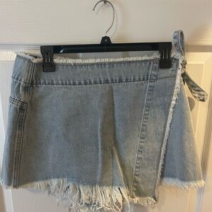 Denim Wrap Skort with Frayed Hem